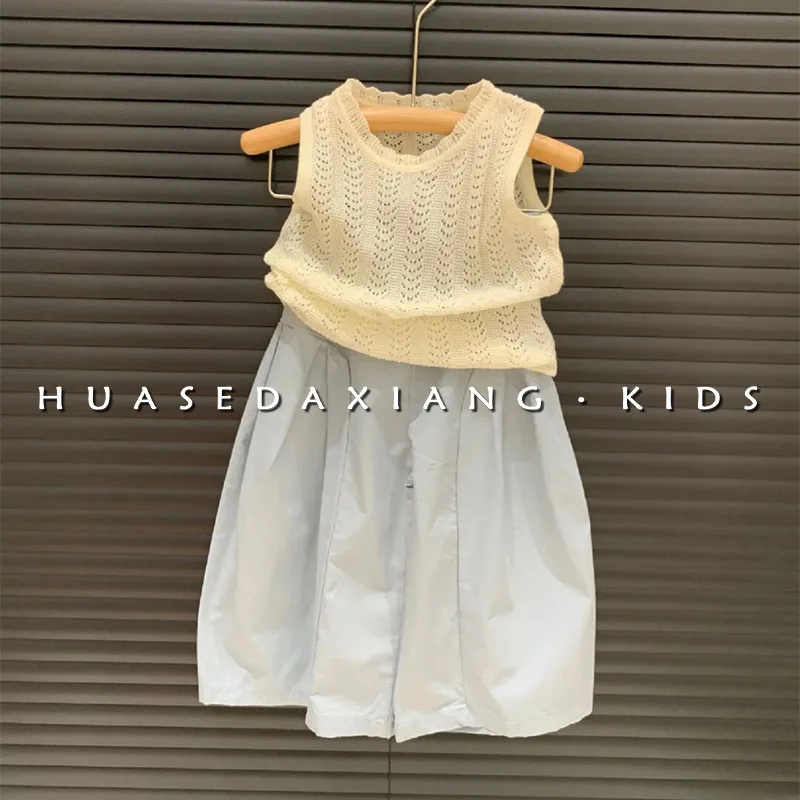 

Girls' Suit Korean Children's Clothing2024Summer Children's Fashionable Knitted Vest Top Western Style Casual Wide-Leg Pants-XMS