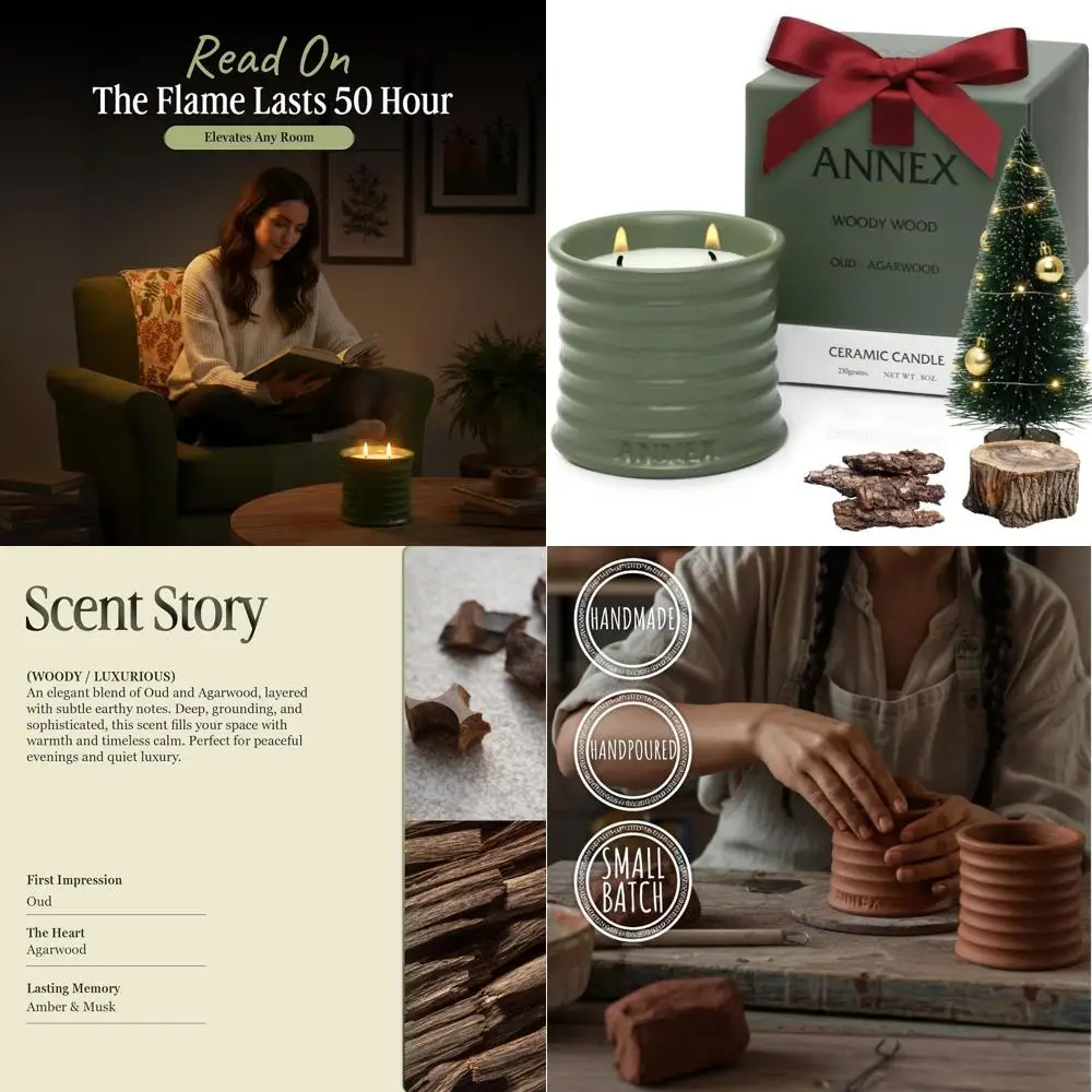 

Scented Luxury Candles in Handmade Ceramic Jars, Soy Wax | Woody Wood – Oud & Agarwood, Large Candle | Non Toxic, 2 Wicks, Reusa