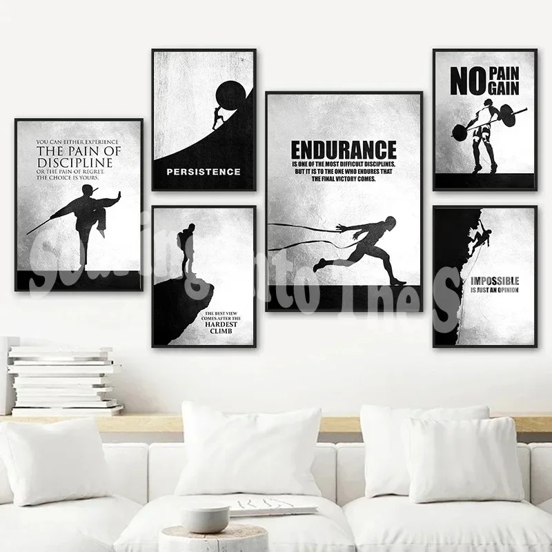 

Black And White Motivational Sport Quotes Posters Canvas Painting Climbing Runing Wall Print Picture Living Room Gym Room Decor