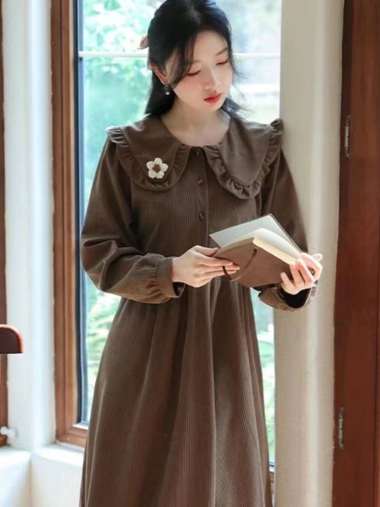 2024 Autumn Women Solid Coffee Doll Collar Long sleeved Fashion Corduroy Dress A-line Skirt