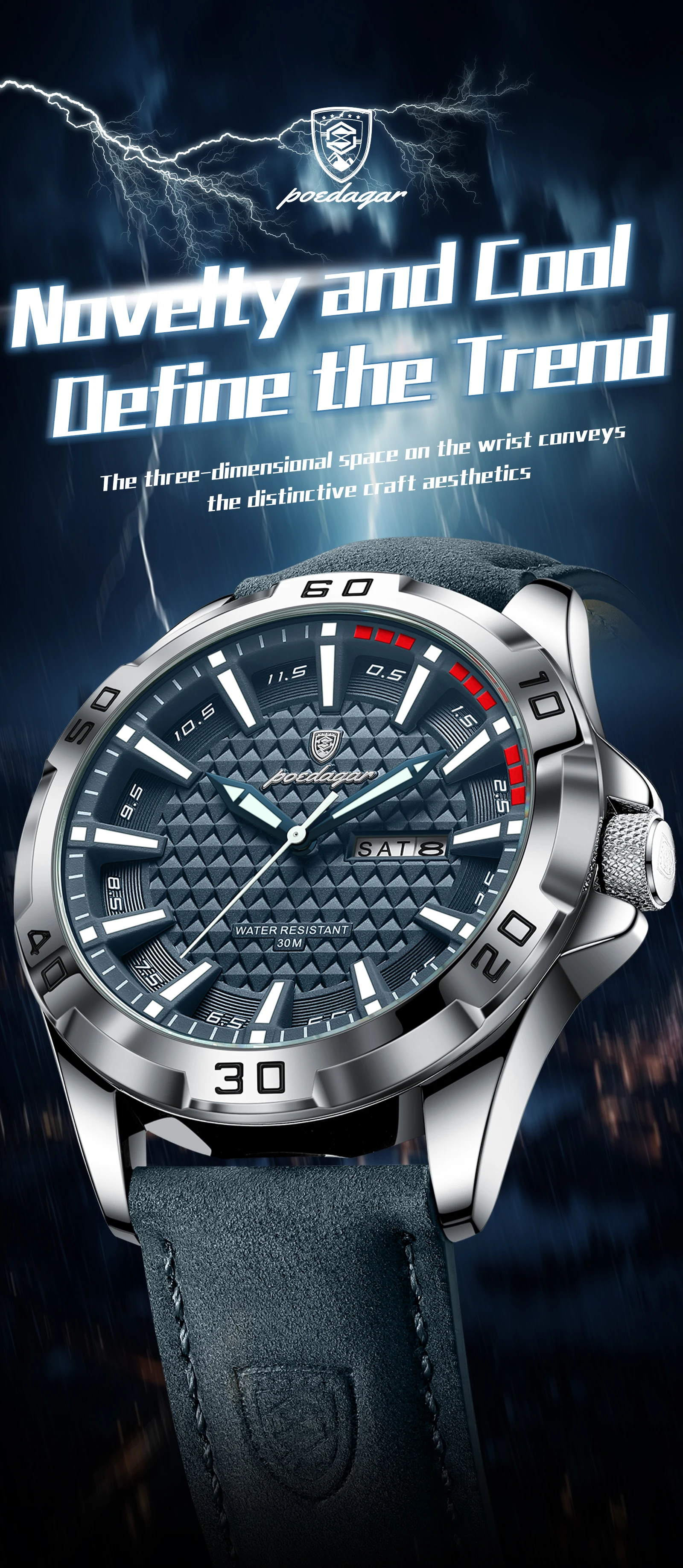 POEDAGAR Original Männer Uhr Luxus Wasserdicht Leucht Datum Woche Uhr Für Mann Quarz Leder Mode herren Uhren Reloj Hombre – Detail 2