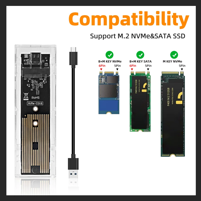 M.2 NVME PCIe NGFF SATA 듀얼 프로토콜 SSD 케이스, 투명 USB C 타입, 10Gbps PCI-E M2 SSD, 투명 외장 인클로저 하드 디스크 박스