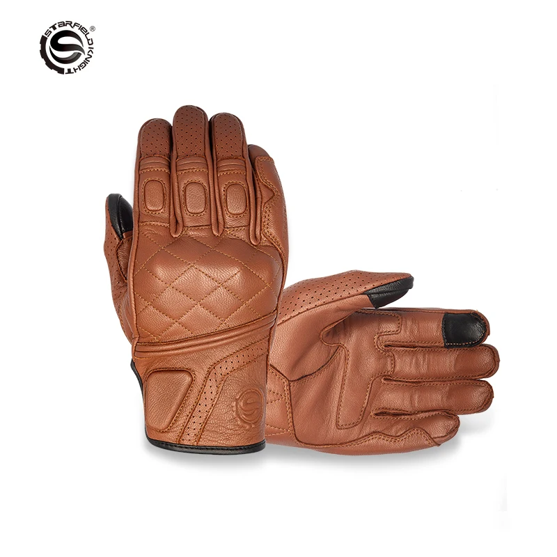 

SFK Brown Vintage Motorcycle Gloves Real Goat Leather Non-slip Wear-resistant Summer Breathable Riding Protection Touch Screen