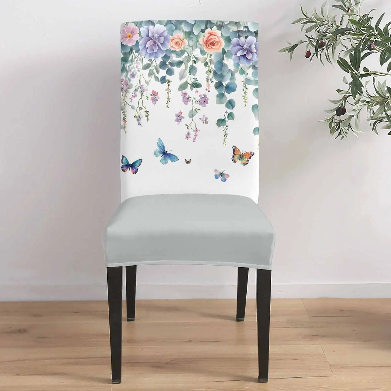 

Eucalyptus Leaf Colorful Butterfly Chair Cover for Dining Room Spandex Stretch Seat Cover for Wedding Banquet Party Seat Case