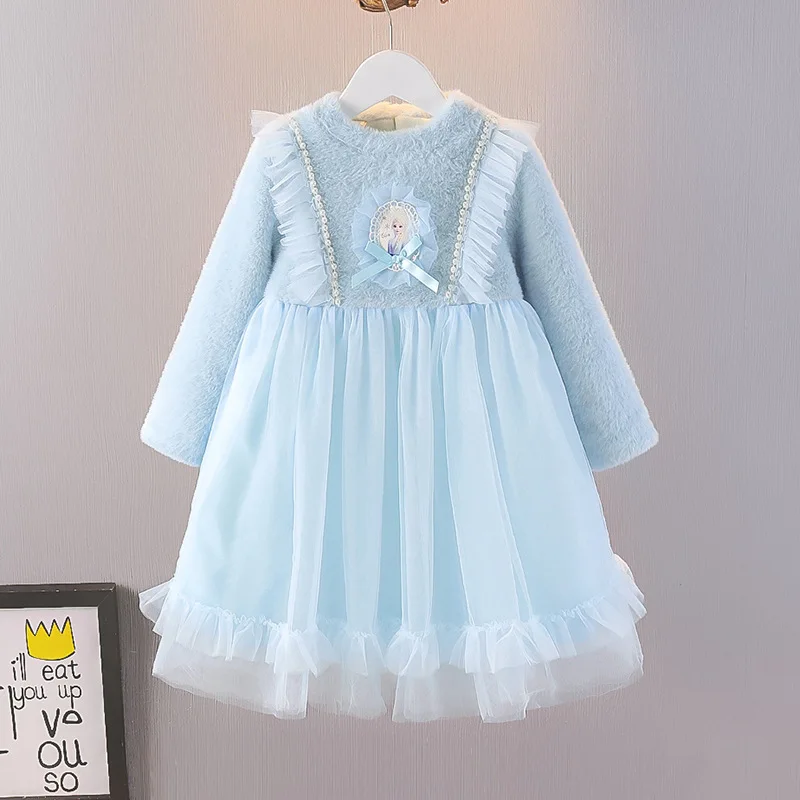 

Осенне-зимнее плотное бархатное кружевное платье принцессы Эльзы Диснея, платья с круглым вырезом и длинными рукавами, детская одежда для девочек