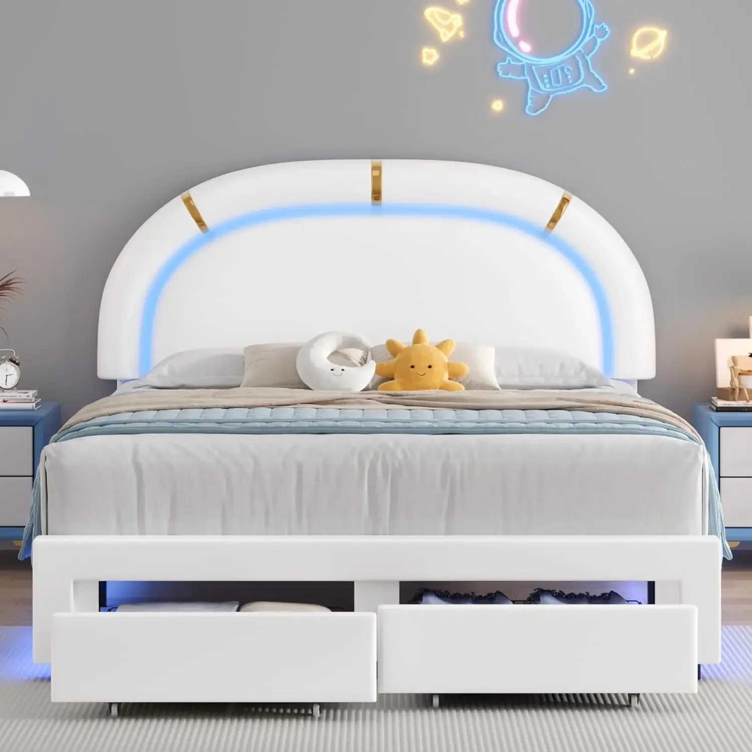 Full LED Bed Frame with 2 Storage Drawers & Adjustable Semicircle Headboard, Faux Leather Upholstered Platform Bed Frame for Kid