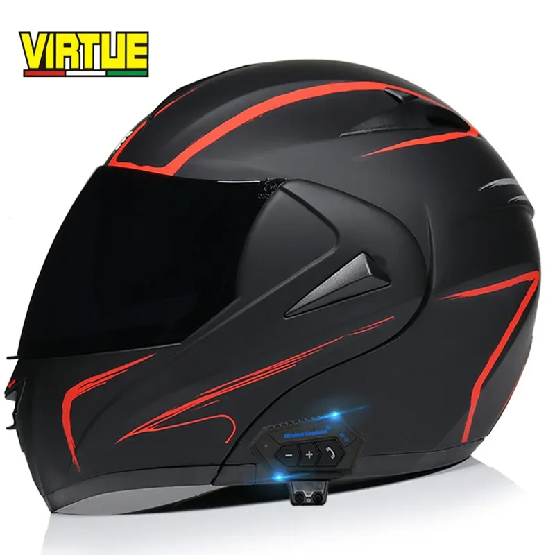 

Full Face Bluetooth Helmet Flip Up Visor Dual Lens Cascos DOT Cool Motorcycle Helmet Casco Black Motorbike Helmets Modular