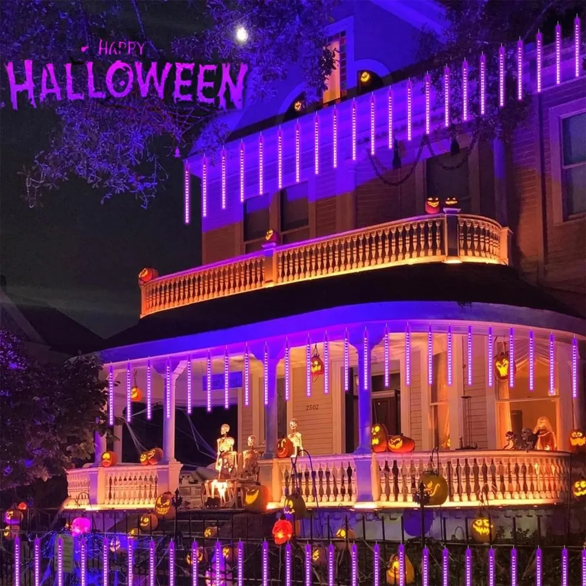 1PC Meteor Shower Rain String Lights Solar Powered Halloween Atmosphere Waterproof Drop Icicle Light Suitable For Holiday Decor