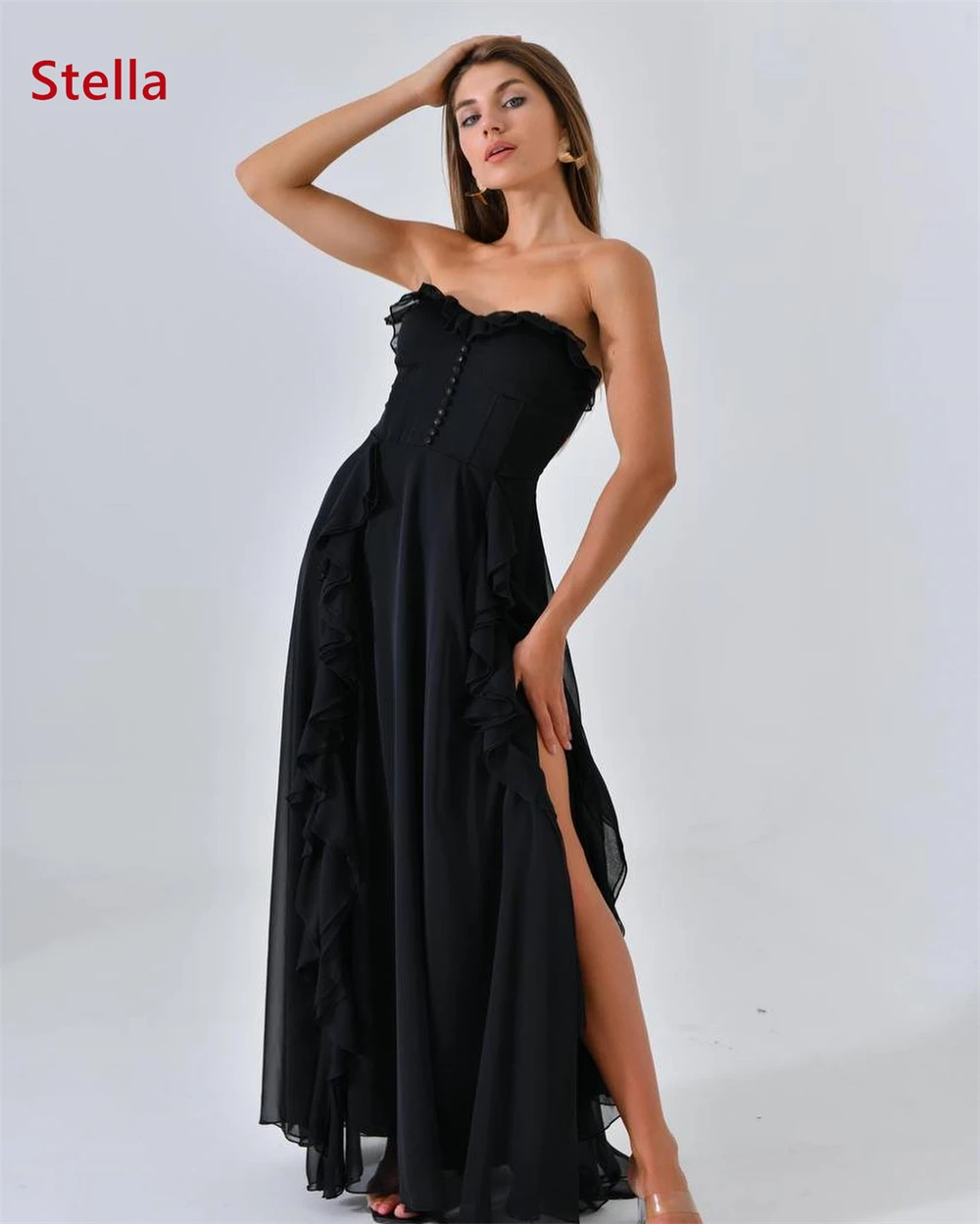 Robe De soirée en mousseline De soie noire, personnalisée, exquise, classique, sans bretelles, sans manches, robes De retour, à la mode