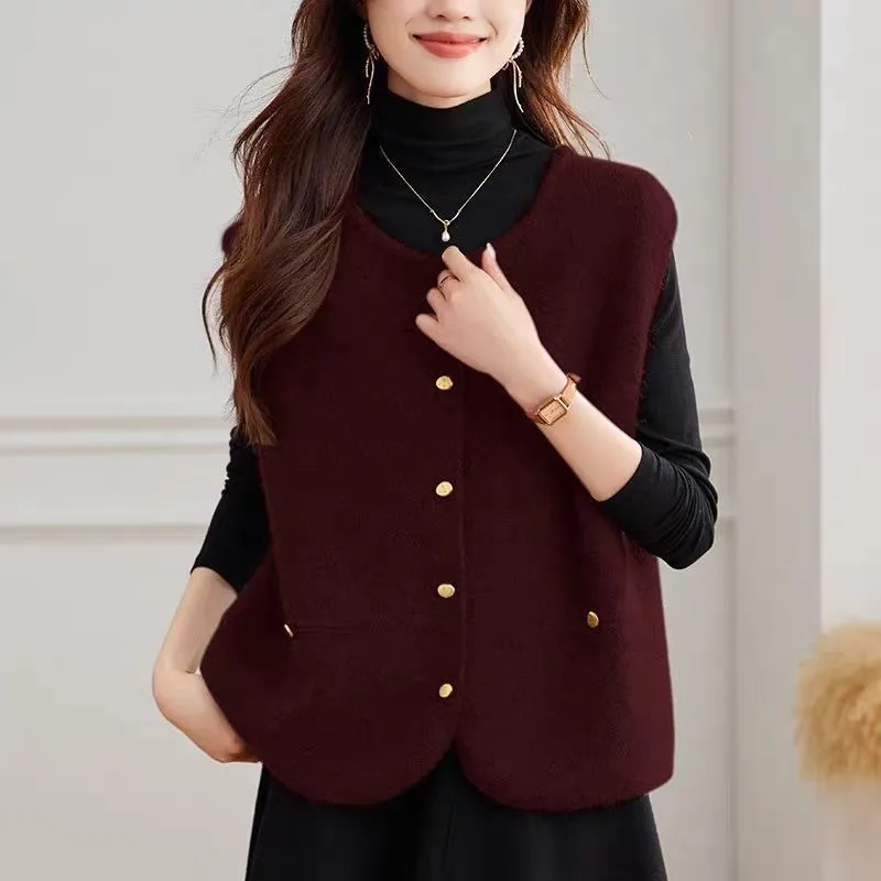 

Women's Knitted Vest Solid Fashion Clothing 2025 Winter Waistcoat New Knitwear Korean Style on Offer Round O Neck Female Sweater