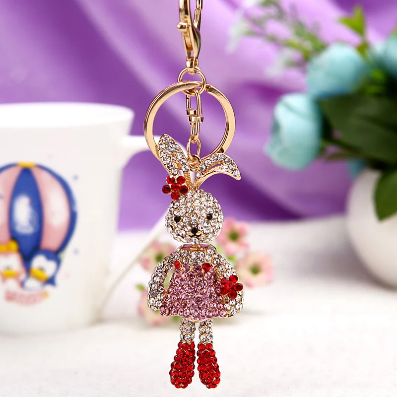 Crystal Long Ear Rabbit Flower Key Chains Holder For Car Women Keychains Keyrings Purse Bag Pendant llaveros