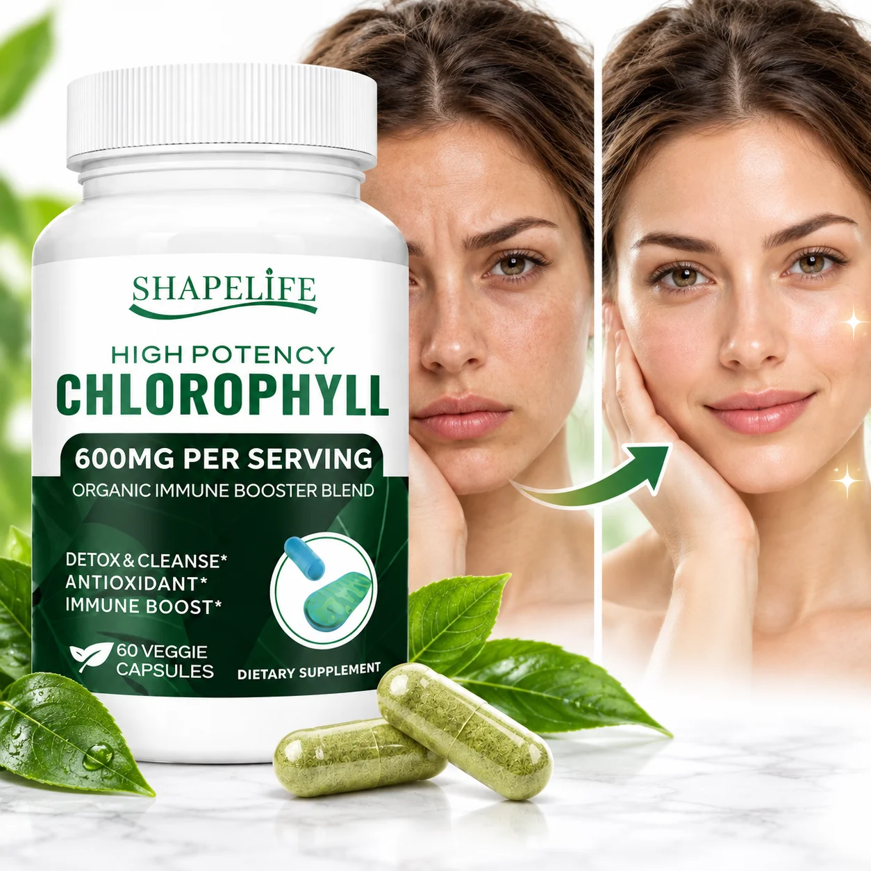 Chlorophyll Capsules, Supports Radiant Skin,Natural Cleansing, Cellular Activity,Immune Defense,With Organic Alfalfa,60 Capsules