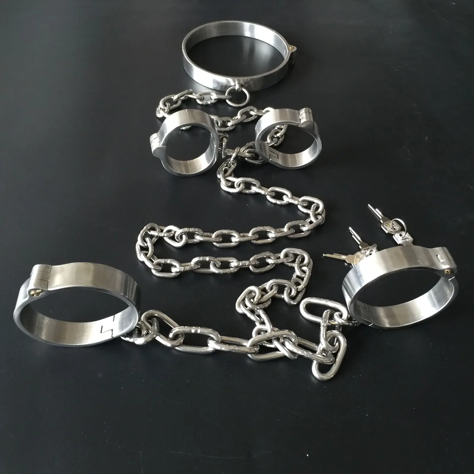 Heavy Stainless Steel Full Body Cuffs  Shackles Neck Collar Handcuffs Ankle Cuffs with Chain Restraint Slave SM Sex Toys