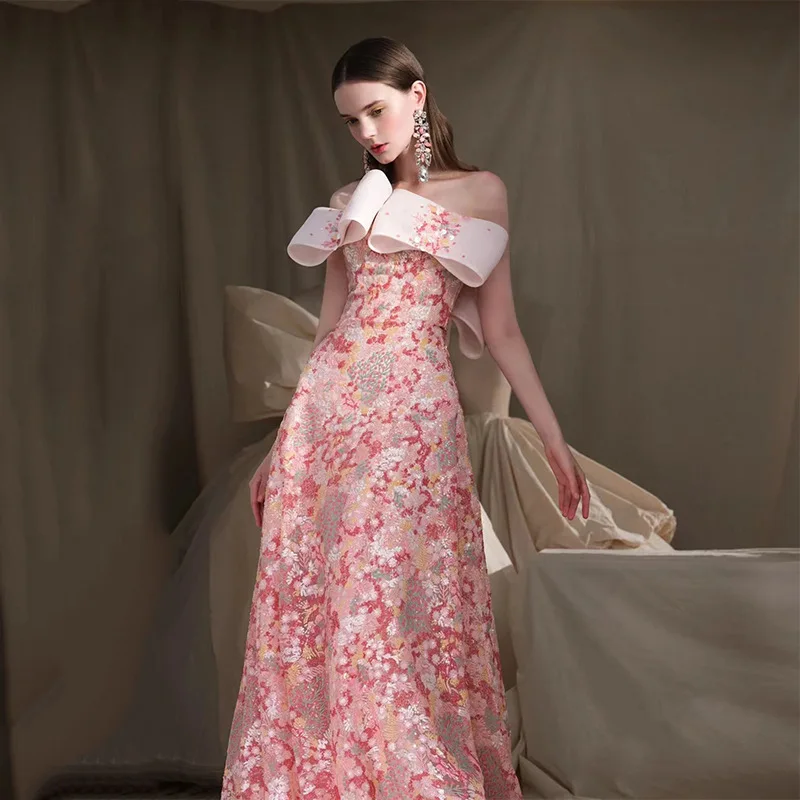 Women Qipao Cheongsam Pink Strapless Bride Wedding Dress Bling Sequin Mesh Evening Party Dress Dreamy Luxury Banquet Dress