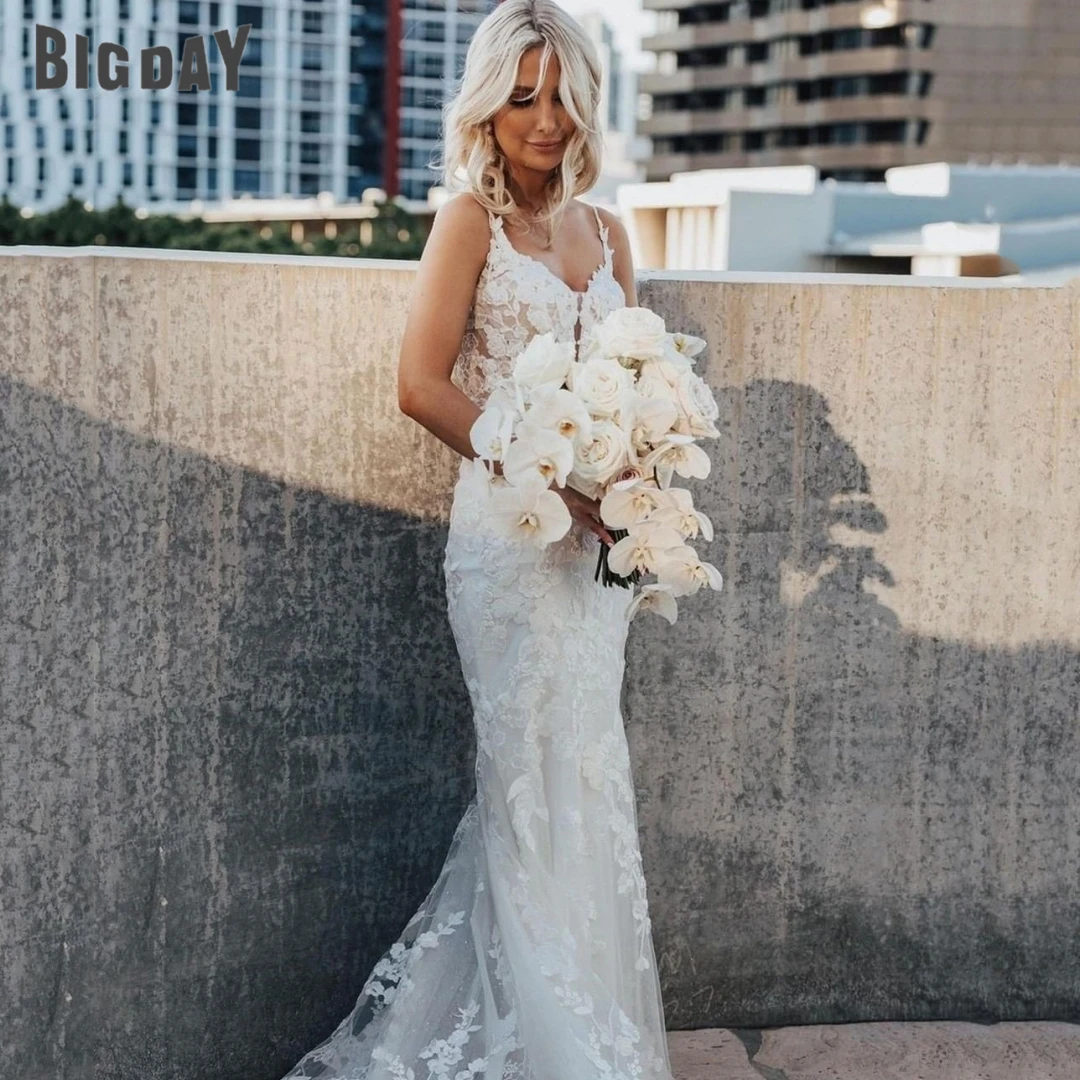 Vestido de novia de corte en A para mujer, traje exquisito con tirantes finos, cuello en V, Apliques de encaje, tren de corte personalizado, 2024