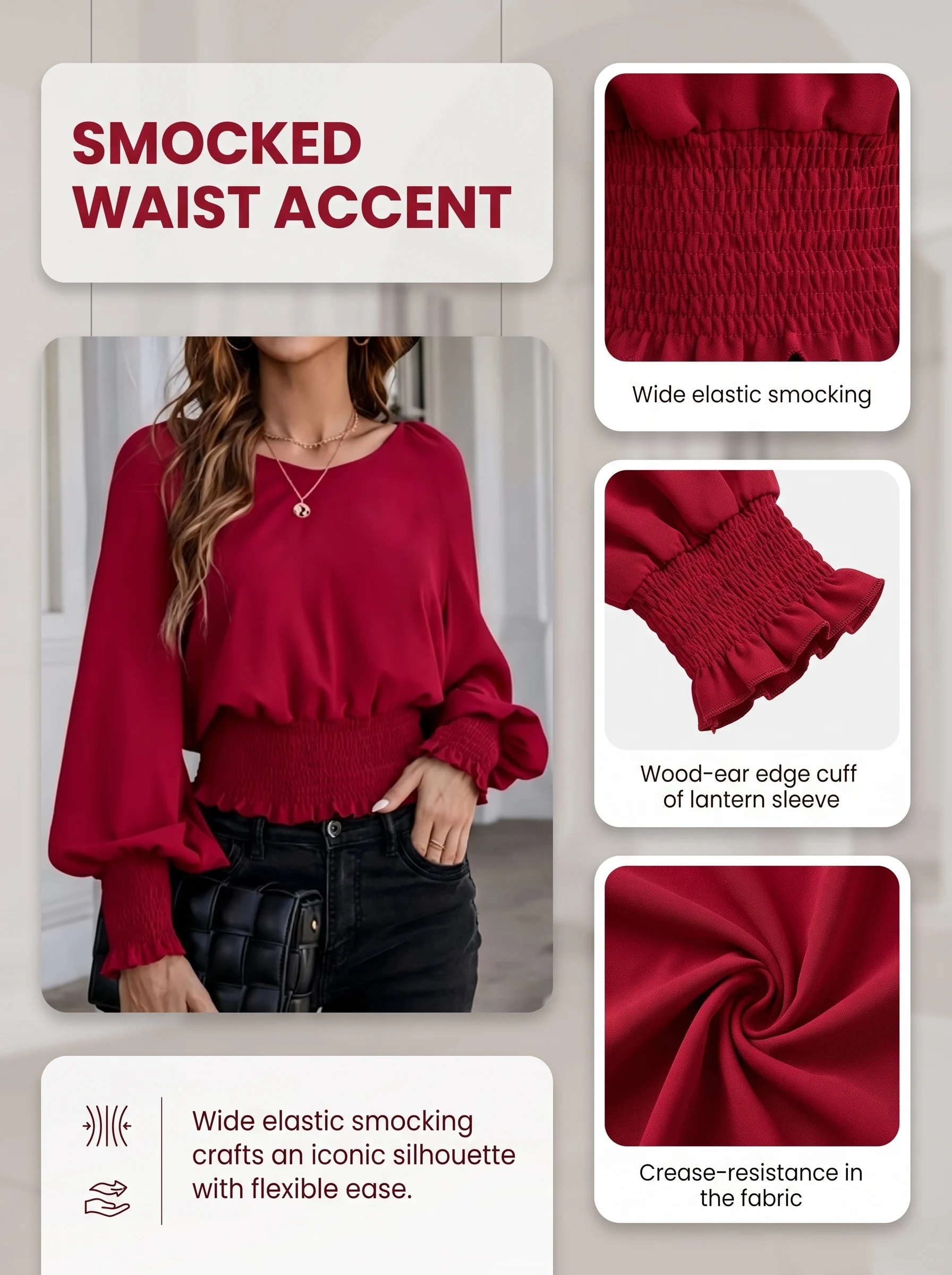 Damen Rote Bluse Lange Puffärmel O-Ausschnitt Geraffte Taille Rüschenmanschette Chiffon-Hemd Elegante Lässige Büro-Damen-Oberteile 2025 – Detail 1