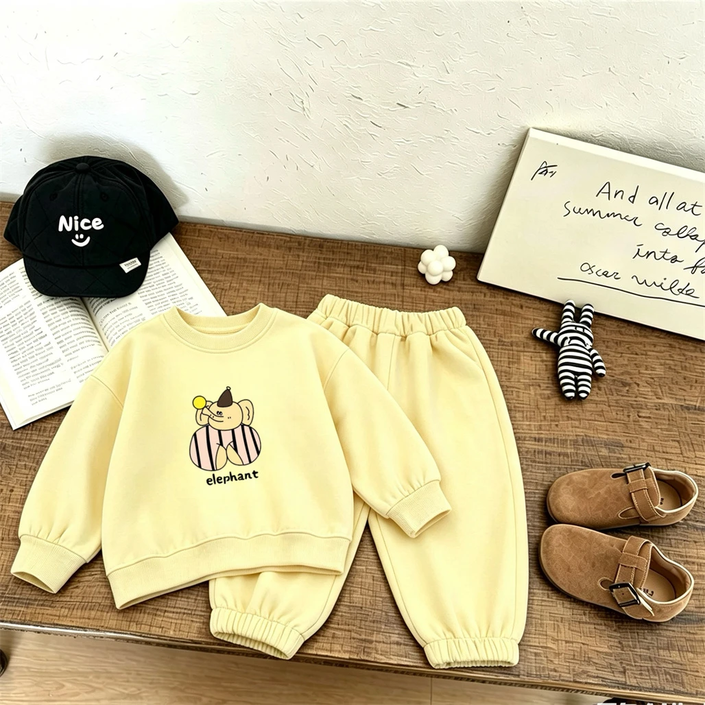 Casual Sweatshirts +Pants 2pcs Toddler New Cartoon Hoodie Sweatpants Autumn Wear Printing Tops Solid Color Trousers Outer Wear