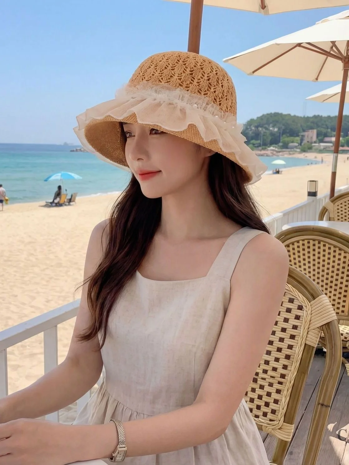 sun-protection-lace-pearl-fishing-hat-women's-summer-vacation-beach-breathable-travel-adjustable-round-top-short-brim-hat