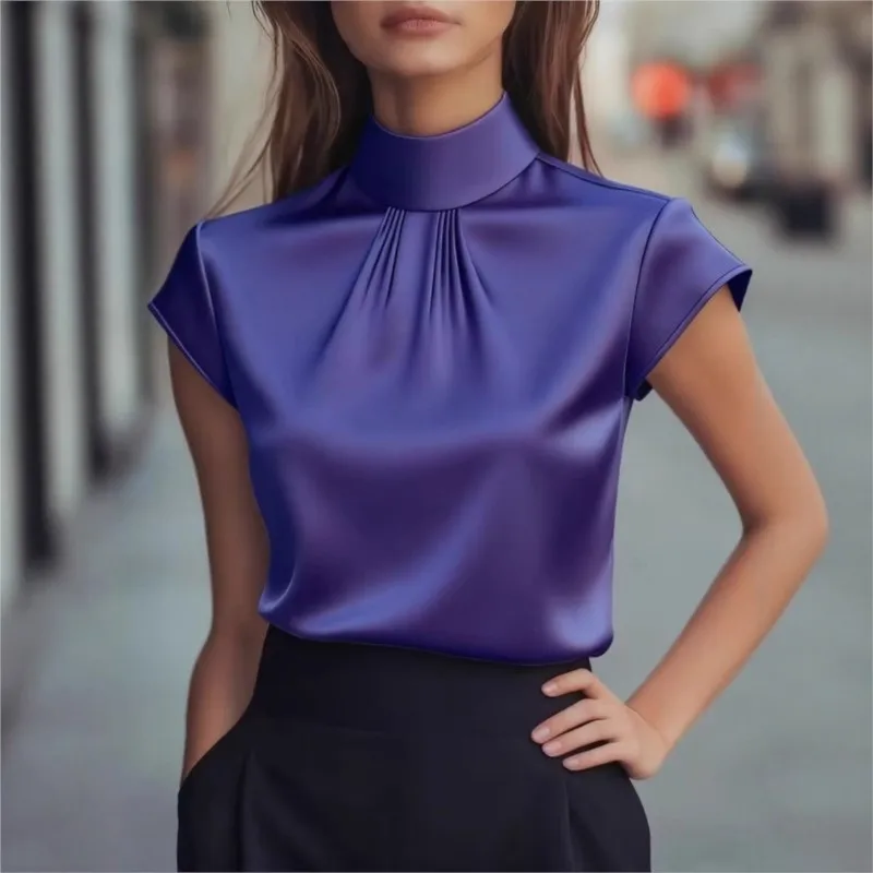 شعبية الملابس النسائية البلوزات الصيف جديد كلوبوير الساتان قصيرة الأكمام أعلى مطوي تصميم الأزياء قميص للنساء قميص بسيط #1