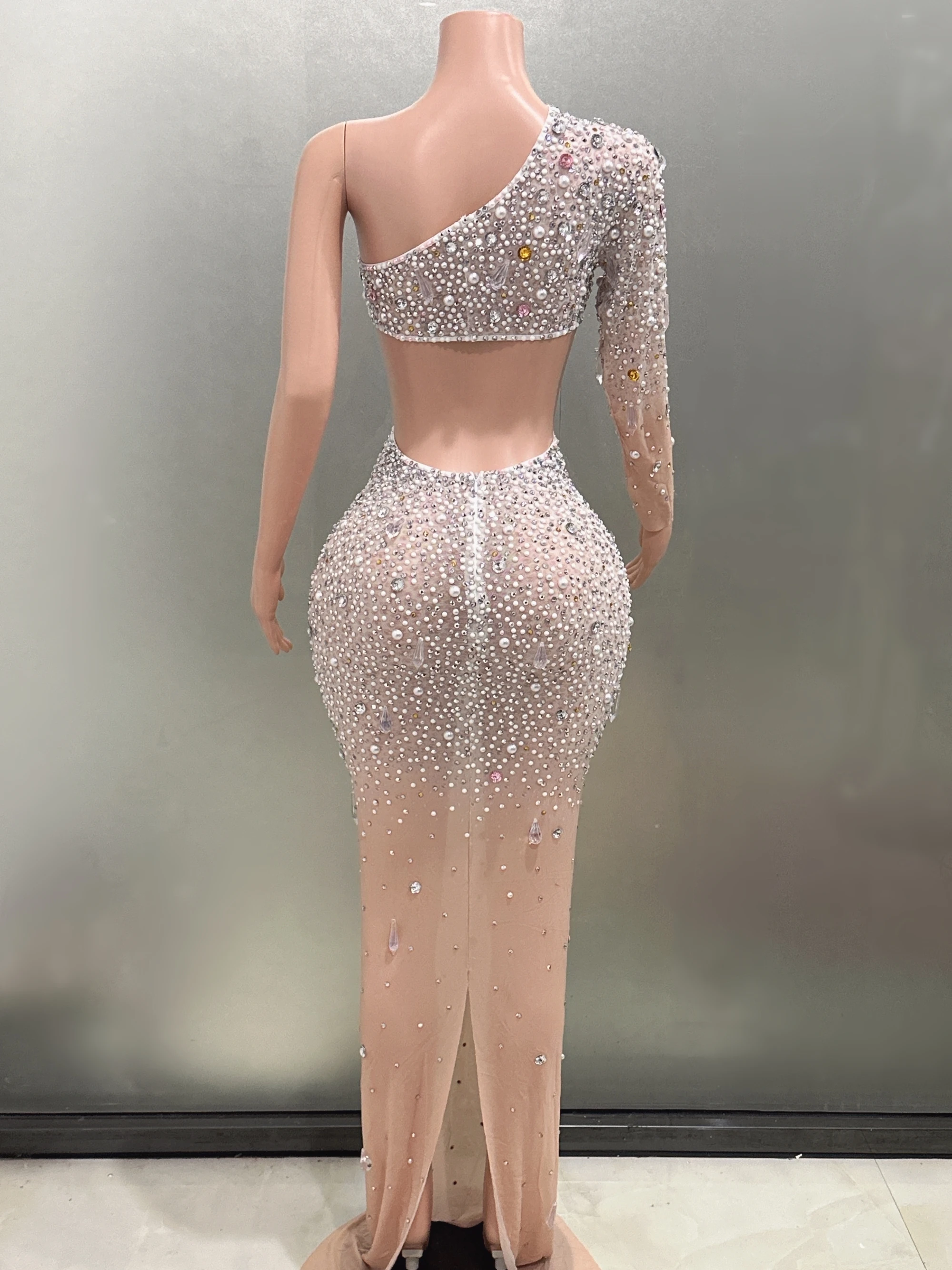 Sparkly Pearls Crystal Women Sexy Long Sleeve Floor-Length Bodycon Dress  Fashion Elegant Evening Party Celebration Dress