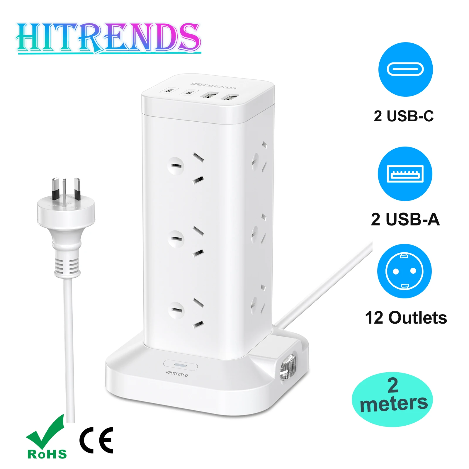 hitrendsタワー型電源タップ、12個のacコンセントと4つのusb充電ポート付き、euマルチソケットサージプロテクター、2m延長コード