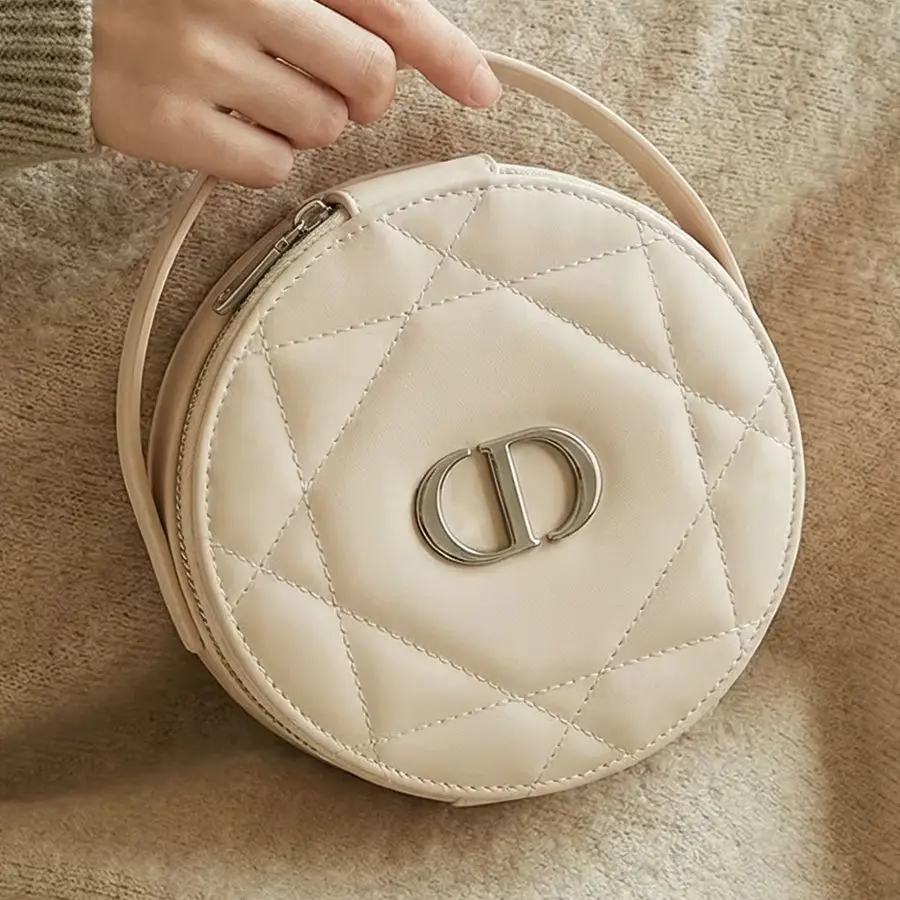 Christian Dior Dior’s Bag Luxury Apricot Round Handheld Makeup Organizer Pouch With Zipper & Built-in Mirror Portable Travel Cos