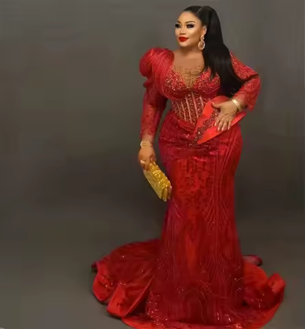 Aso Ebi Red Mermaid Evening Dresses 2026 Crystal Beading Mermaid Wedding Prom Party Gowns Robes De Soir&eacute;e Met Gala Customized