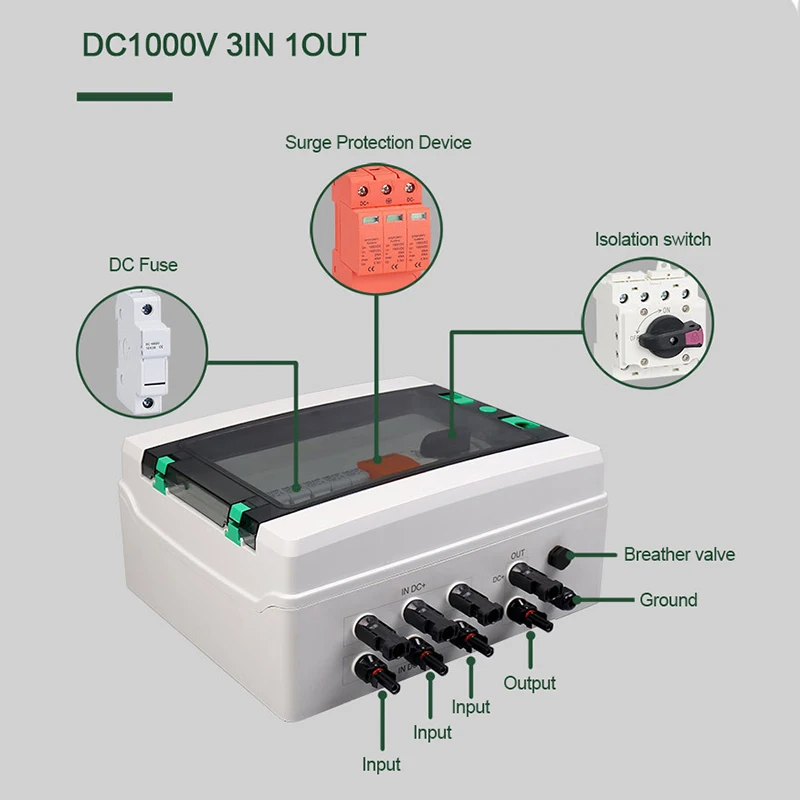 DC1000V 3in 1out Photovoltaic Combiner Box IP65 Solar Combiner Box 3 Strings