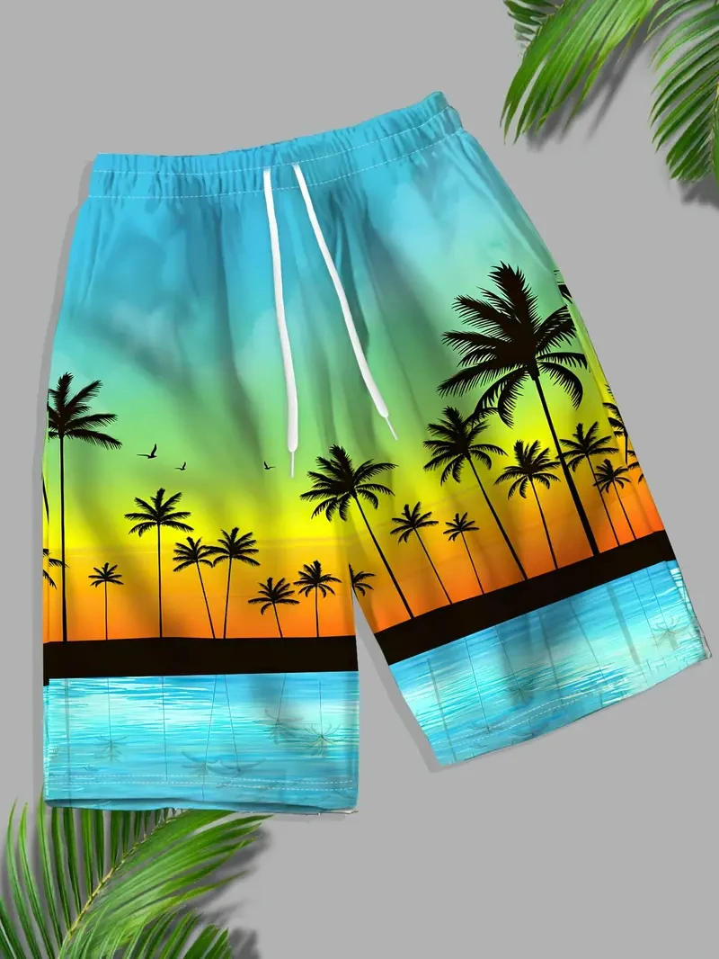 อินเทรนด์รูปแบบปาล์มต้นไม้กางเกงขาสั้นชายหาดสําหรับชายแฟชั่นฤดูร้อนวันหยุดวันหยุด 3D พิมพ์ SWIM Trunk Casual ขนาดใหญ่สั้น