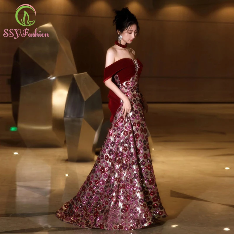 

SSYFashion new luxury sequins evening dress for women Banquet Glittering beading Sparkling prom party gowns vestidos de noche