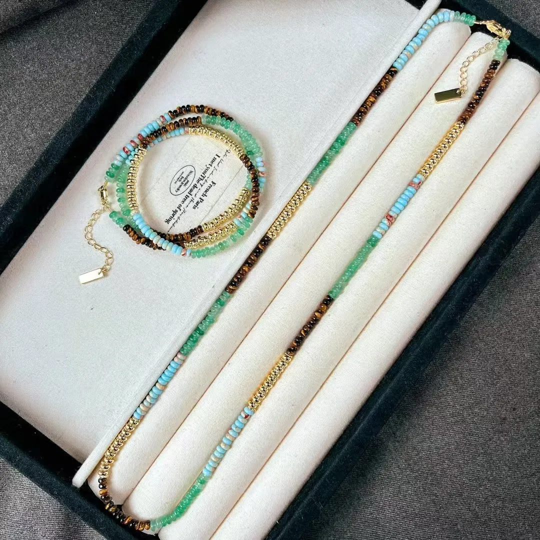 

New retro high-quality natural tiger's eye stone Dongling jade quartzite contrasting color disc beads sweater chain necklace