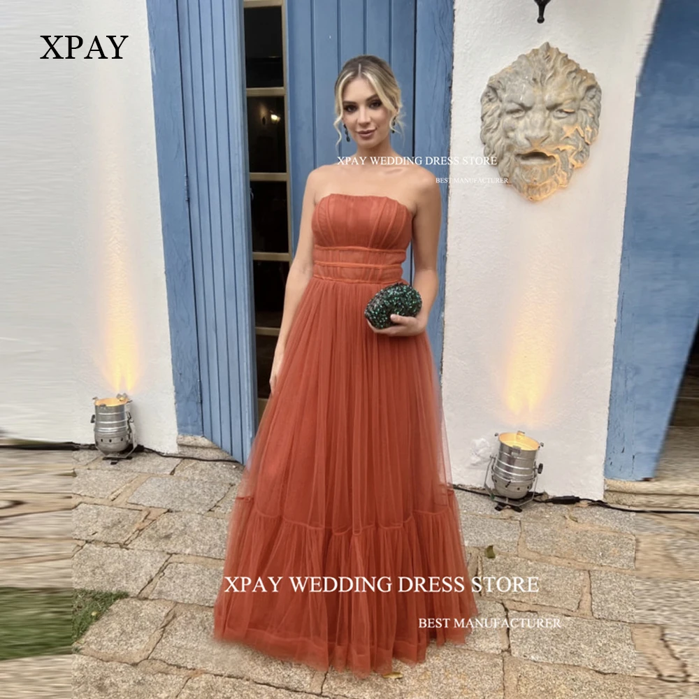 

XPAY Strapless Burnt Orange Tulle Long Prom Dresses For Women Party Tiered Evening gowns Formal Occasion Dress