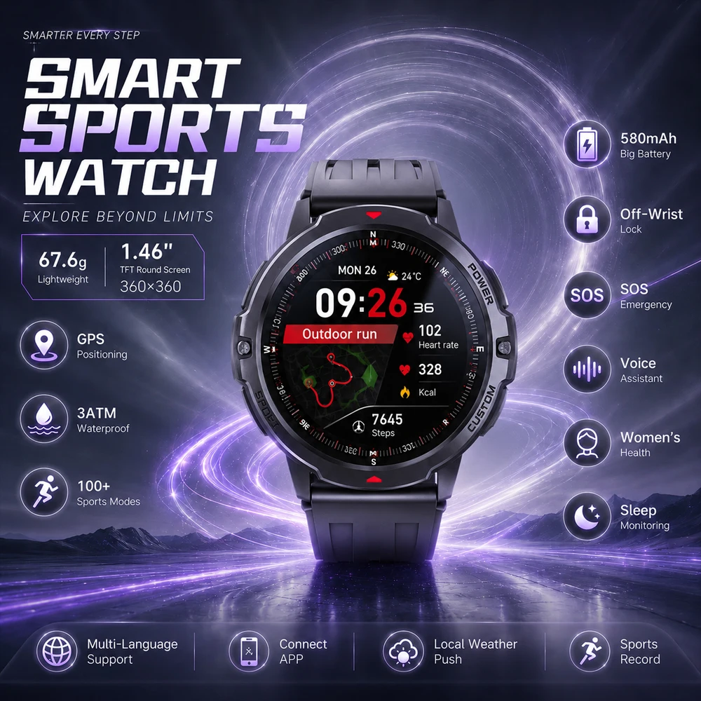 

2026 NEW GPS Smartwatch 1.46 Inch 3ATM Waterproof 6-Axis Gyroscope Sports Watch for Men Women Android Fitness Tracker