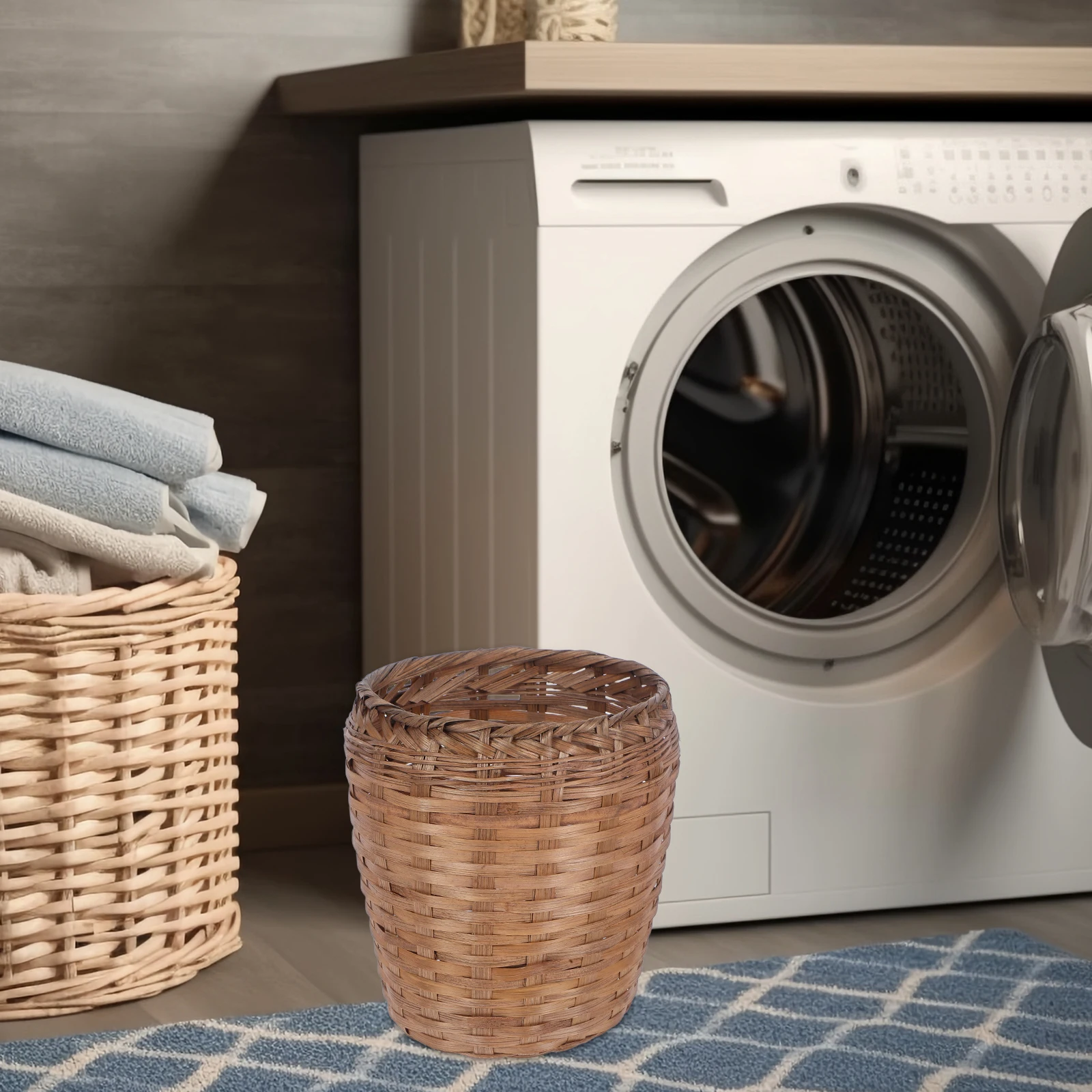 

Round Wooden Woven Waste Basket Lid Natural Wood Rustic Home Decor Storage Organizer Sundries Kitchen Bathroom Office