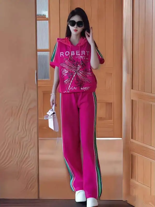 

Ladies Casual Sportswear Set Pink Hooded Loose Short Sleeve T-Shirt Two-Piece Suit Spring Summer New Style Polyester Fiber