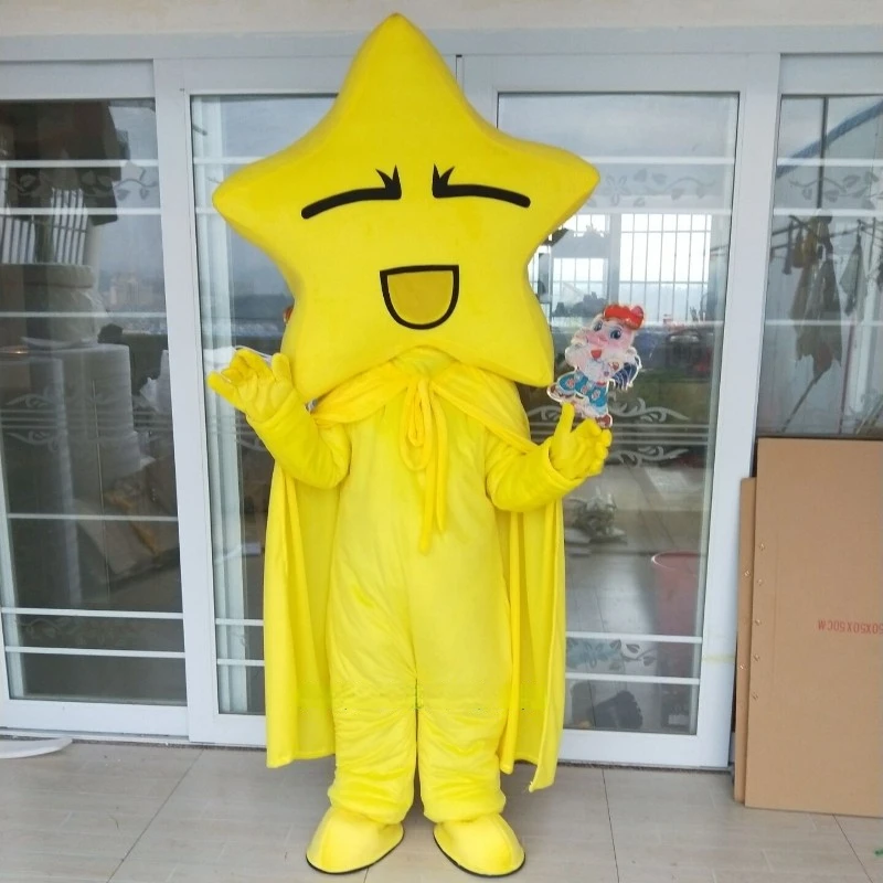 

Yellow Pentagram Cartoon Mascot Costume Cape Star Shape Full Body Head Cover Performance Walking Anime Doll