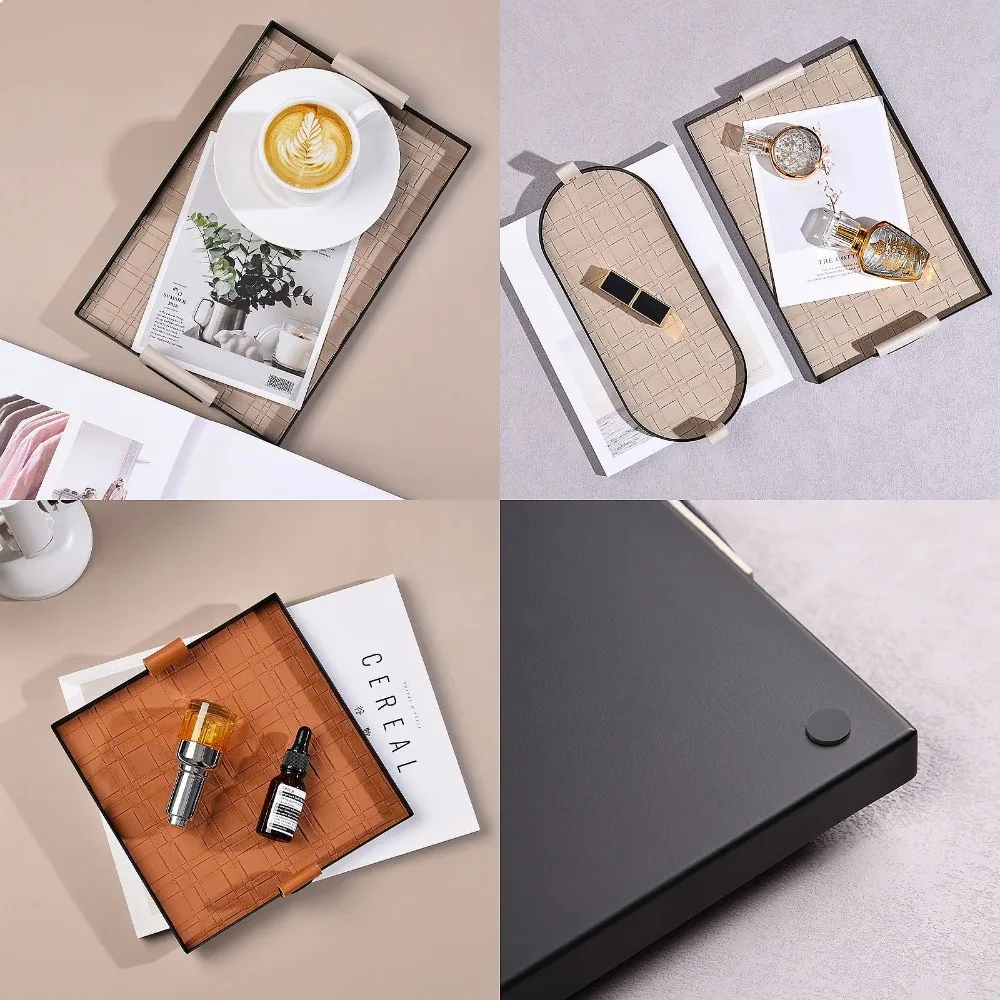 Woven Leather Metal Catchall Tray Desk Organizer for Cosmetics, Keys, Jewelry, Snacks