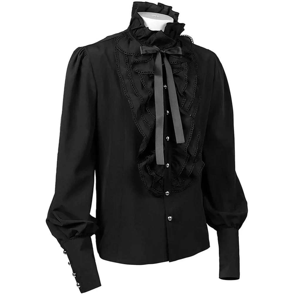 Fashion Retro Men\'s Gothic Shirts And Blouses Victorian Medieval Ruffle Pirate Puff Sleeve Solid Black Tops Shirt Man Clothing