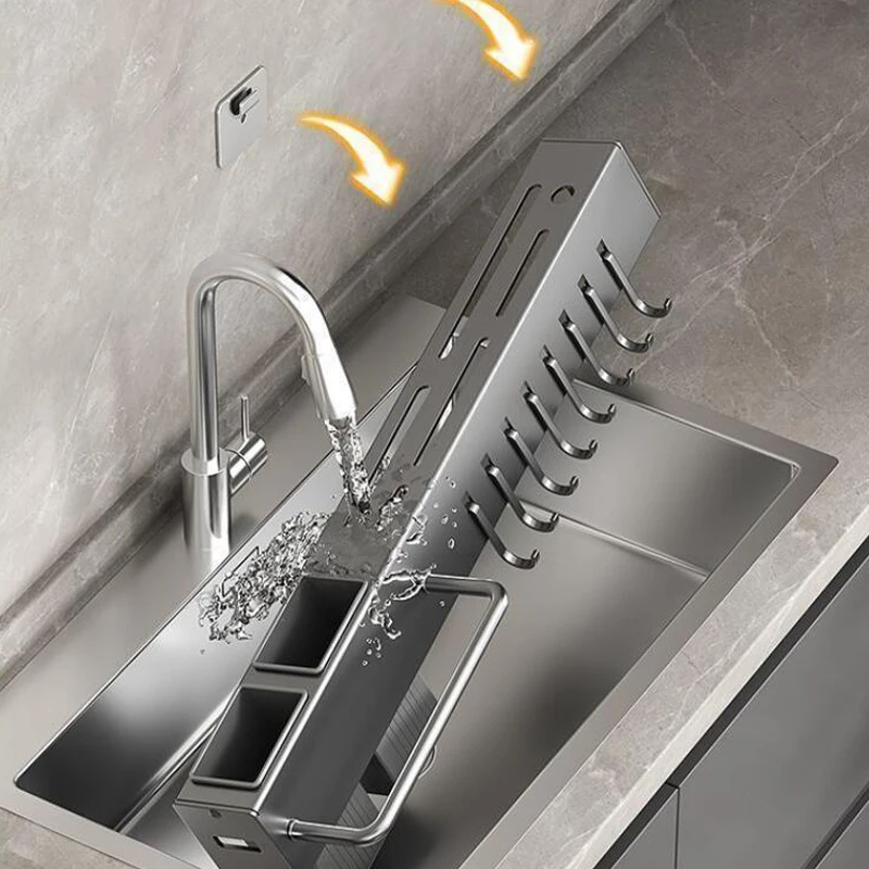Wall Mounted Kitchen Utensil Holder Carbon Steel Cutlery Knife Rack with Hooks for Kitchen Storage Spatula Ladle Towel Organizer