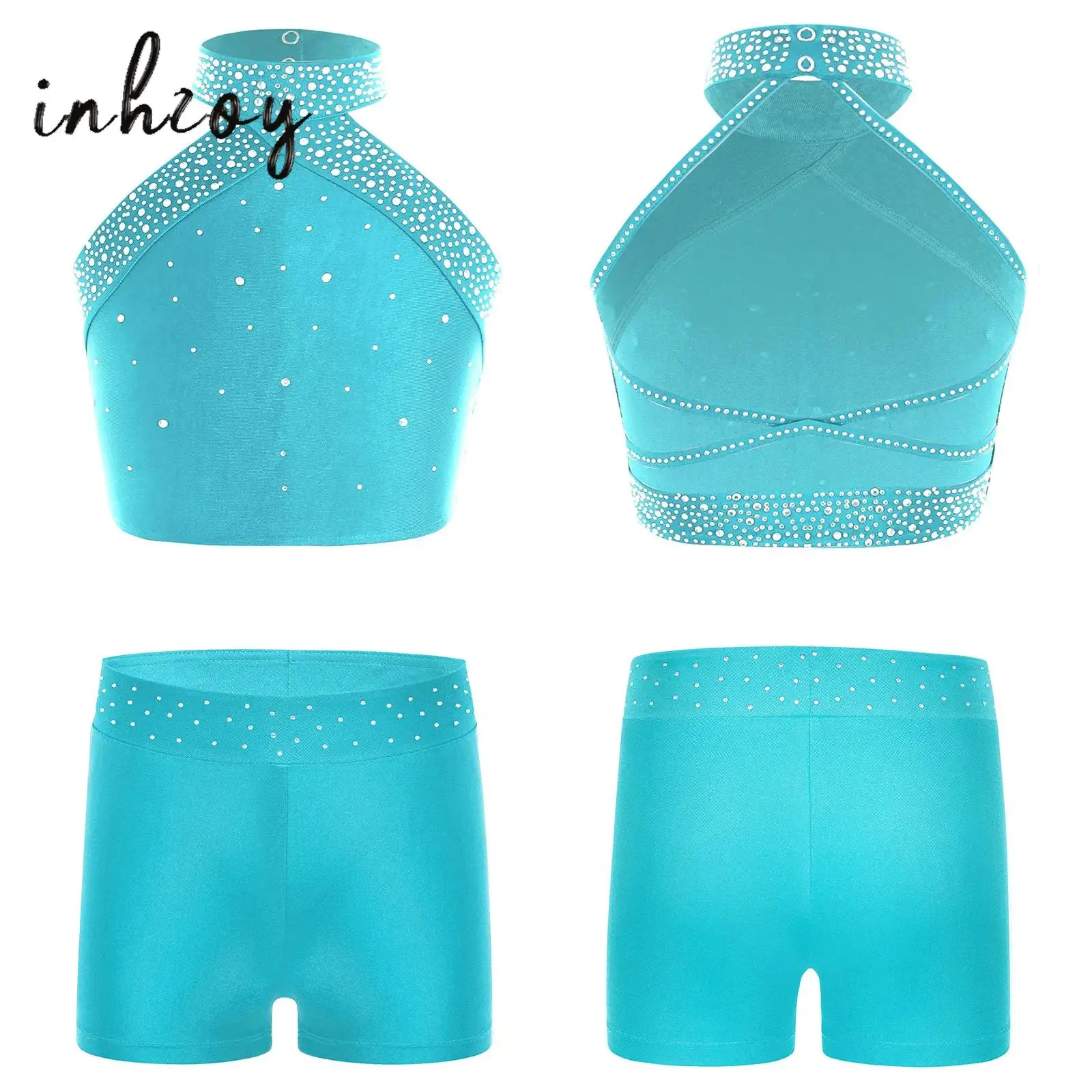 

Kids Girl Crop Top With Booty Shorts Ballet Dance Gymnastics Rhinestones Sleeveless Vest Shorts Set Figure Skating Sport Costume