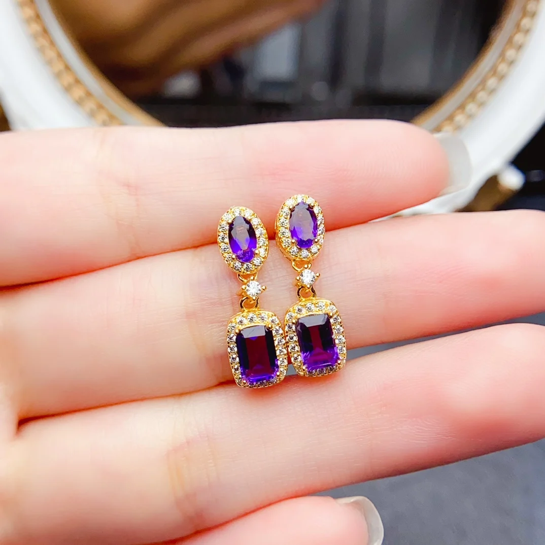 

FS Natural Amethyst Earrings S925 Sterling Silver Certificate Fine Fashion Brand Design Charm Wedding Jewelry for Women