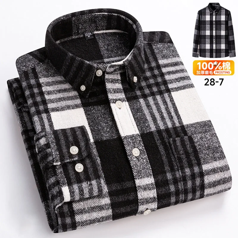 6XL 7XL Men\'s shirt Long sleeve Spring summer 100% cotton wool fashion wrinkle-resistant non-ironing plaid Business casual