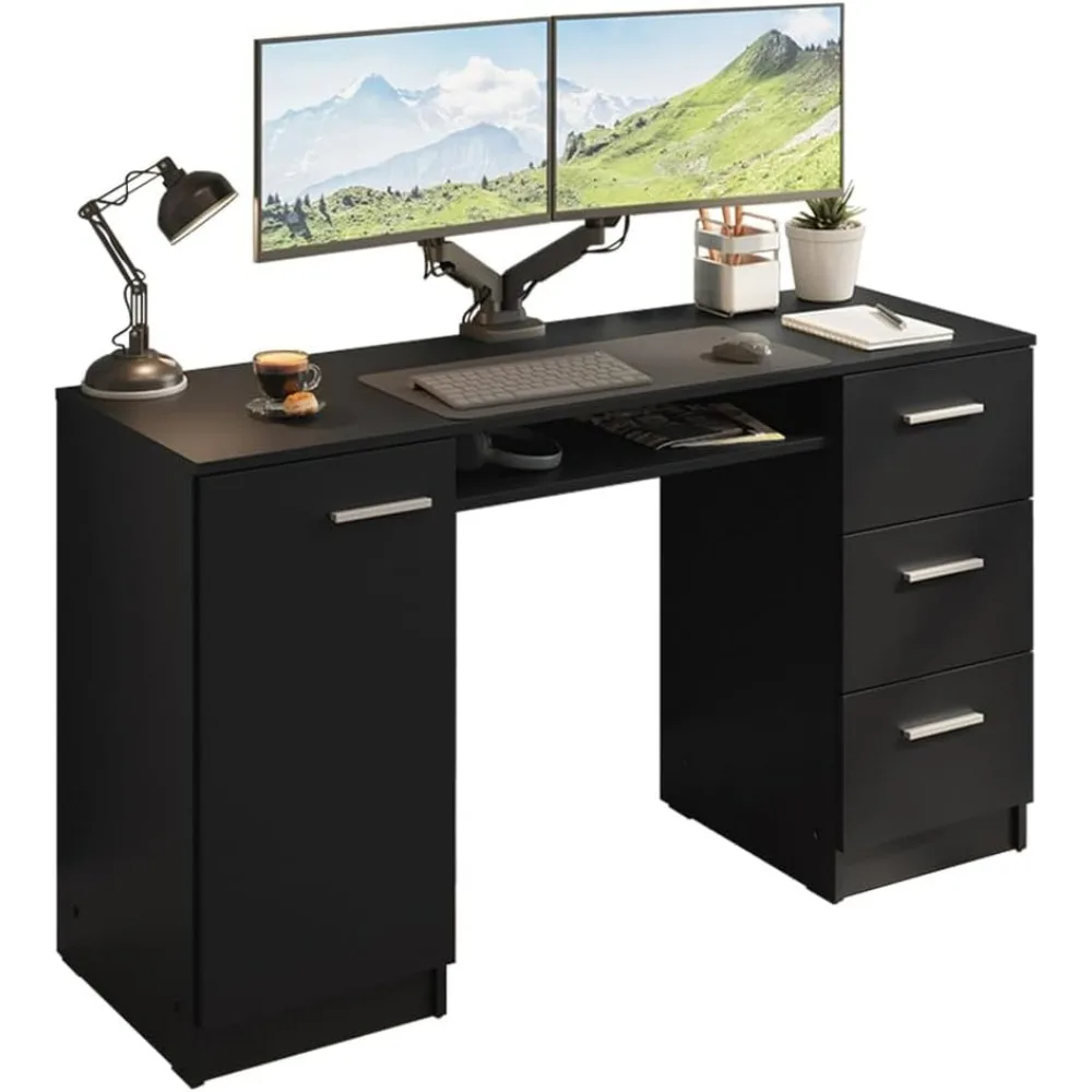 

Computer Desk 53 Inch with 3 Drawers 1 Door and 1 Storage Shelf Ergonomic Wooden Home Office Gaming Writing Workstation Study F