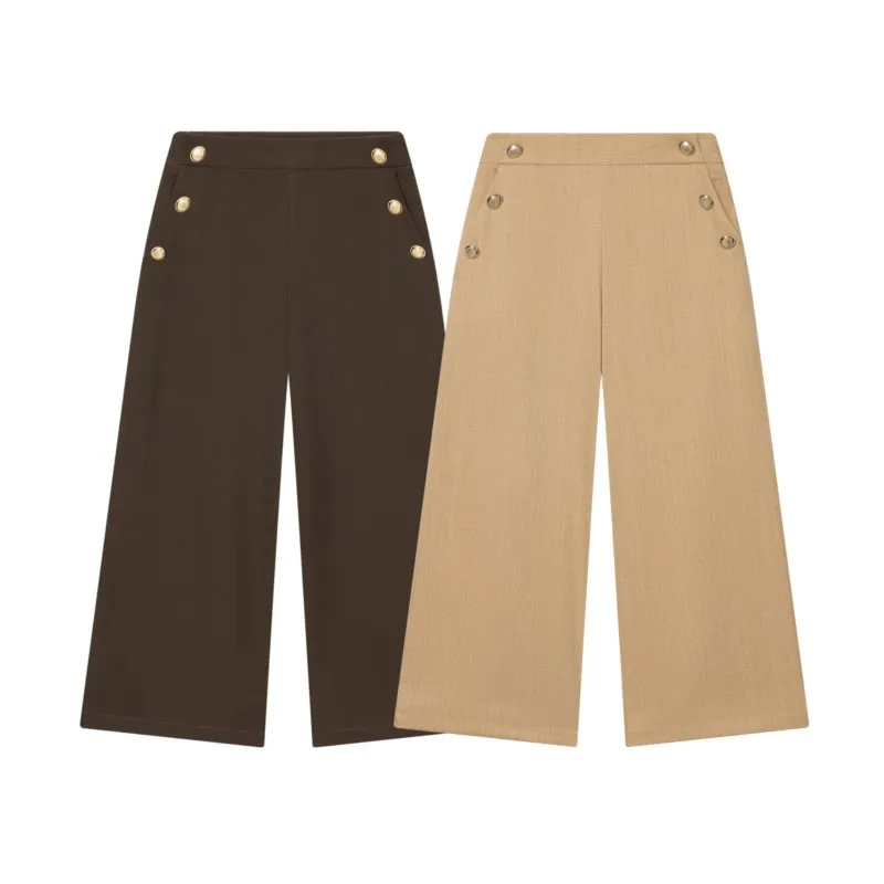Women Culotte Trousers with Buttons Spring Summer High Waist Simple Button Side Zipper Women's Pant Lady Wide Leg Pants