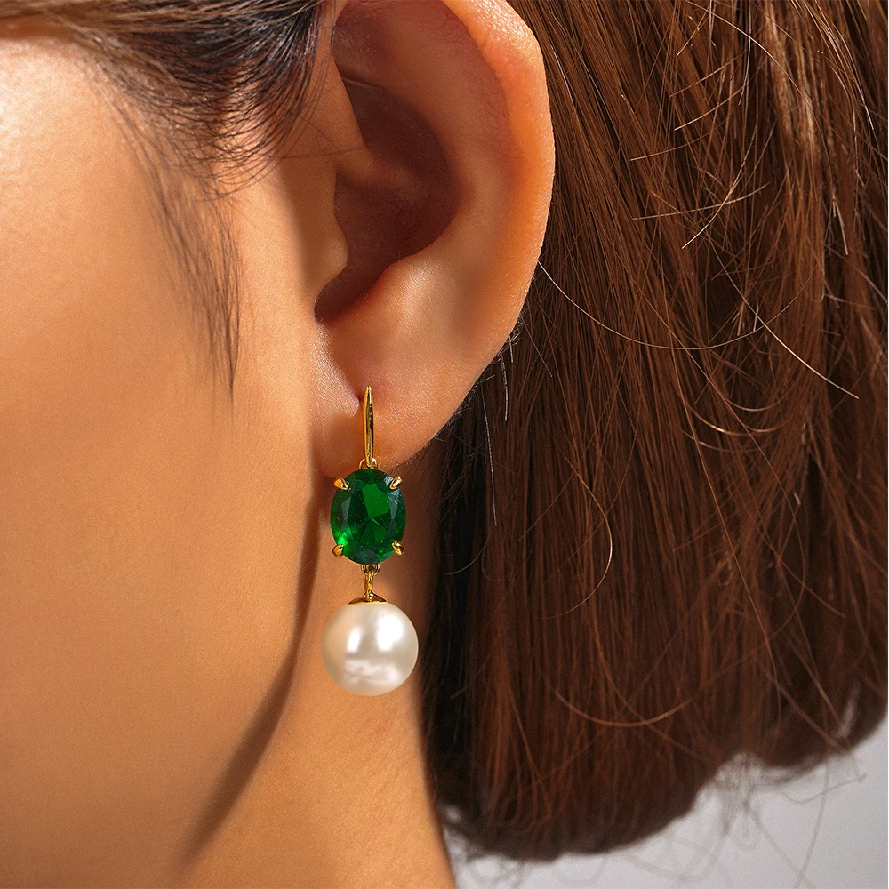 CANNER  925 Sterling Silver Emerald Pearl Drop  Earrings For Women Zircon 18K Gold Fine Jewelry Party Gifts Classic Pendientes