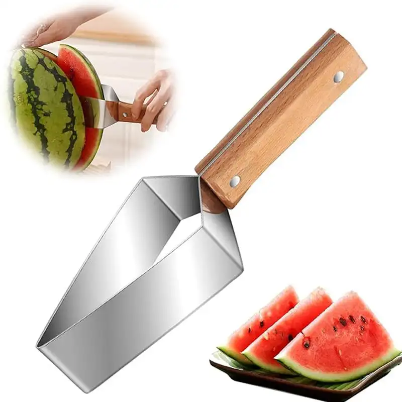 Triangle Shaped Stainless Steel Fruit Cutter With Wooden Handle For Kitchen Triangelformad Fruktskärare I Rostfritt Stål Med Trä