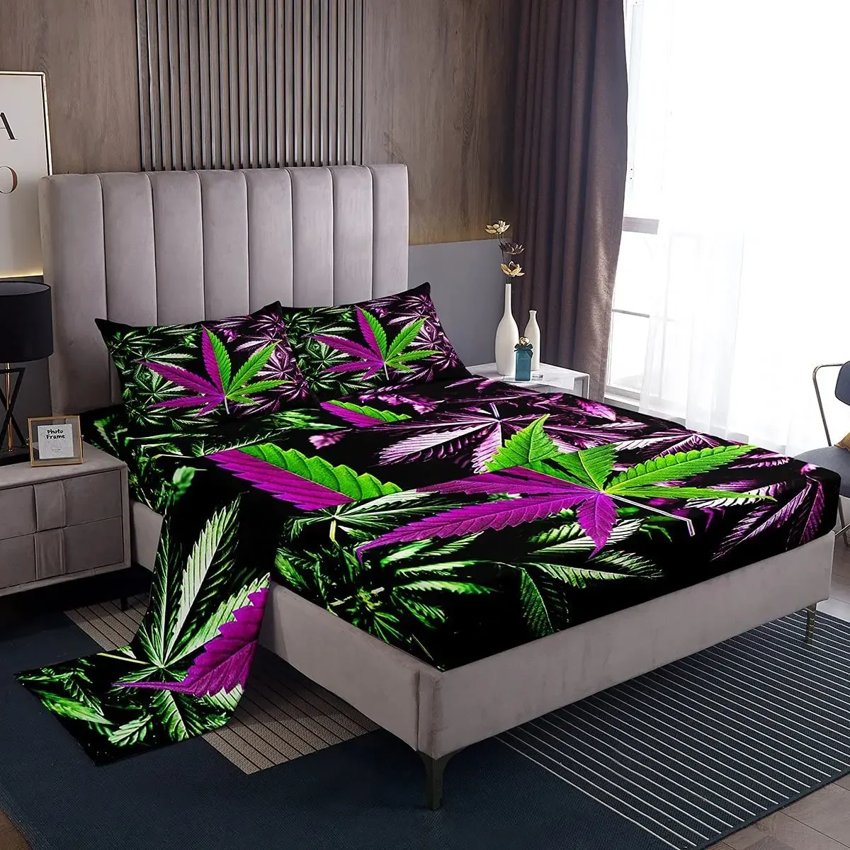 Marijuana Leaf Sheet Sets Marijuana Leaf 3D Cannabis Leaves Print Fitted Sheet Bohemian Style King Queen Full Size Bedding Set