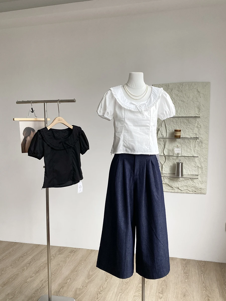 

Summer 2025 Korean Style Pure Desire Bubble Sleeve Shirt Casual Simple Women's Fashion Versatile Short Sleeve round Neck Poly...