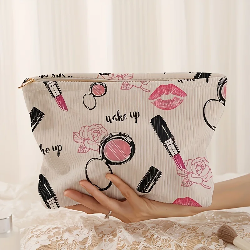 Makeup Lipstick Print Corduroy Cosmetic Bag Zipper Makeup Pouch Large Capacity Travel Toiletry Storage Bag for Women Girls