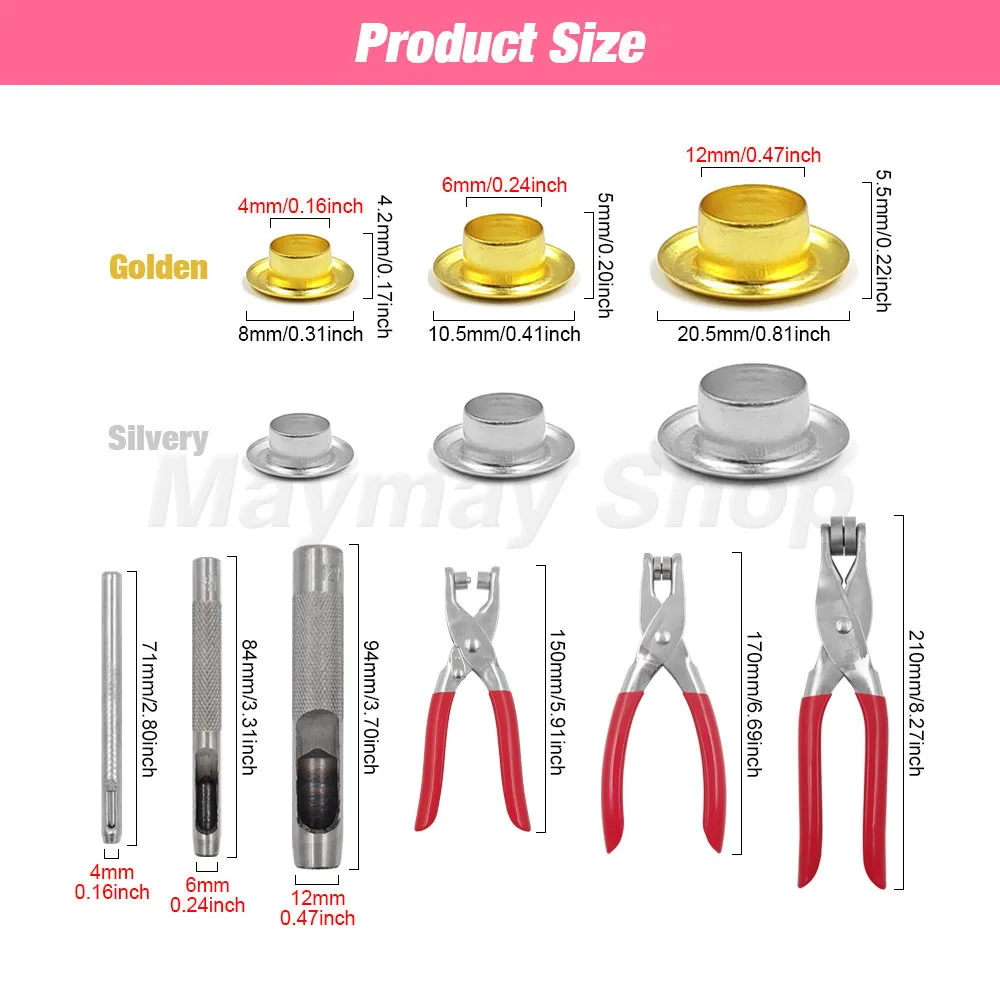 4mm/6mm/12mm Eyelet Grommet Install Plier With 100 Sets Eyelet Metal Hole Ring For DIY Cap Bag Clothes Leathercraft Shoes Belt